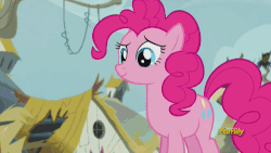 Size: 500x281 | Tagged: safe, screencap, gilda, pinkie pie, griffon, g4, the lost treasure of griffonstone, animated, discovery family, discovery family logo, eating, female, griffon scone, scone