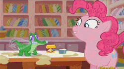 Size: 469x263 | Tagged: safe, screencap, gummy, pinkie pie, alligator, earth pony, pony, g4, the lost treasure of griffonstone, animated, cute, eyes closed, female, heart, kiss on the lips, kissing, love, mare, mouth hold, platonic kiss, pronking, smiling