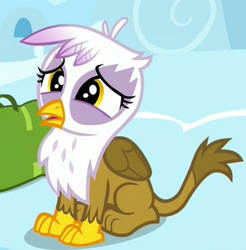 Size: 722x734 | Tagged: safe, screencap, gilda, griffon, g4, the lost treasure of griffonstone, bag, chickub, cropped, cub, cute, female, frown, gildadorable, hnnng, li'l gilda, open mouth, sitting, solo, woobie, younger