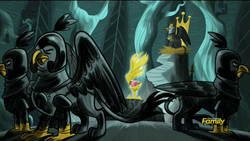 Size: 1920x1080 | Tagged: safe, screencap, king guto, griffon, g4, the lost treasure of griffonstone, armor, discovery family logo, flashback, frown, glare, griffon guard, history of griffonstone, idol of boreas, throne