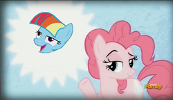 Size: 1488x856 | Tagged: safe, edit, edited screencap, screencap, pinkie pie, rainbow dash, earth pony, pony, g4, the lost treasure of griffonstone, chickun, crossing the memes, discovery family logo, faic, female, manebow sparkle, mare, meme, pinkie presenter