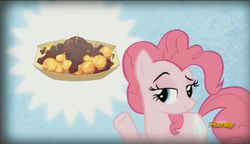 Size: 1488x856 | Tagged: safe, edit, edited screencap, screencap, pinkie pie, earth pony, pony, g4, the lost treasure of griffonstone, advertisement, commercial, discovery family logo, female, food, mare, meme, pinkie presenter, solo, takoyaki