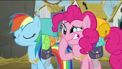 Size: 1920x1080 | Tagged: safe, screencap, pinkie pie, rainbow dash, g4, the lost treasure of griffonstone, discovery family logo