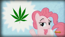 Size: 640x368 | Tagged: safe, edit, edited screencap, screencap, pinkie pie, earth pony, pony, g4, the lost treasure of griffonstone, discovery family logo, drugs, female, mare, marijuana, meme, pinkie presenter