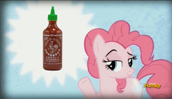 Size: 1488x856 | Tagged: safe, edit, edited screencap, screencap, pinkie pie, earth pony, pony, g4, the lost treasure of griffonstone, discovery family logo, female, hot sauce, image macro, irl, mare, meme, photo, pinkie presenter, sriracha