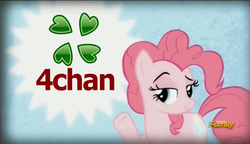 Size: 1488x856 | Tagged: safe, edit, edited screencap, screencap, pinkie pie, earth pony, pony, g4, the lost treasure of griffonstone, 4chan, discovery family logo, female, image macro, mare, meme, pinkie presenter