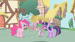 Size: 1280x720 | Tagged: safe, screencap, pinkie pie, spike, twilight sparkle, friendship is magic, g4, frown, pinkie pie and twilight sparkle first meeting, smiling