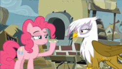 Size: 500x281 | Tagged: safe, screencap, gilda, pinkie pie, earth pony, griffon, pony, g4, the lost treasure of griffonstone, animated, baking powder, discovery family, discovery family logo, female, jazz hands, mare, oven, scone, subtitles