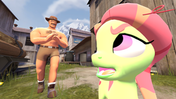 Size: 1920x1080 | Tagged: safe, artist:markiz93, tree hugger, earth pony, human, pony, g4, 3d, crossover, female, hippie, male, mare, saxton hale, scared, source filmmaker, team fortress 2, this will end in pain, this will end in tears and/or death