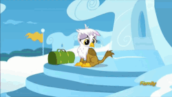 Size: 500x281 | Tagged: safe, screencap, gilda, rainbow dash, griffon, g4, the lost treasure of griffonstone, animated, chickub, discovery family, discovery family logo, duffle bag, female, filly rainbow dash, young, younger