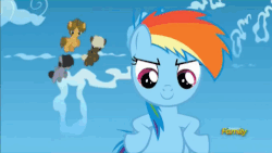 Size: 500x281 | Tagged: safe, screencap, dumbbell, gilda, hoops, quarterback, rainbow dash, griffon, pegasus, pony, g4, the lost treasure of griffonstone, animated, boy bullies, chickub, colt, discovery family, discovery family logo, duffle bag, filly, filly rainbow dash, flying, hair over eyes, younger