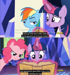 Size: 1600x1710 | Tagged: safe, screencap, pinkie pie, rainbow dash, twilight sparkle, alicorn, pony, g4, the lost treasure of griffonstone, book, meme, twilight sparkle (alicorn), youtube caption