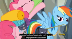 Size: 1600x855 | Tagged: safe, screencap, pinkie pie, rainbow dash, g4, the lost treasure of griffonstone, meme, youtube caption