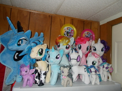 Size: 4608x3456 | Tagged: safe, dj pon-3, fluttershy, octavia melody, pinkie pie, princess luna, rainbow dash, rarity, sweetie belle, trixie, twilight sparkle, vinyl scratch, oc, oc:milky way, pony, g4, build-a-bear, female, irl, mare, photo, plushie, toy