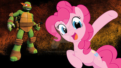 Size: 1480x835 | Tagged: safe, artist:mlpfimandtmntfan, pinkie pie, g4, crossover, michelangelo, teenage mutant ninja turtles, wallpaper