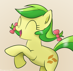 Size: 911x890 | Tagged: safe, artist:bluemeganium, apple fritter, earth pony, pony, g4, ^^, apple family member, bow, braid, cute, excited, eyes closed, female, hooves up, mare, solo