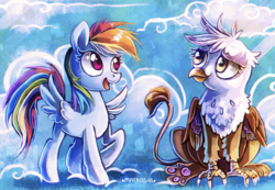 Size: 1554x1078 | Tagged: dead source, safe, artist:matrosha123, gilda, rainbow dash, griffon, pegasus, pony, g4, the lost treasure of griffonstone, cloud, duo, female, filly, filly rainbow dash, looking up, raised hoof, sitting, sky, spread wings, wings, younger