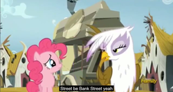 Size: 1600x855 | Tagged: safe, screencap, gilda, pinkie pie, griffon, g4, the lost treasure of griffonstone, meme, youtube caption