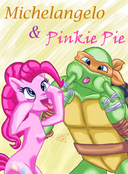 Size: 1024x1391 | Tagged: dead source, safe, artist:207daniela, pinkie pie, g4, crossover, funny faces, michelangelo, teenage mutant ninja turtles