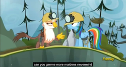 Size: 1600x855 | Tagged: safe, screencap, gimme moore, rainbow dash, griffon, g4, the lost treasure of griffonstone, meme, youtube caption