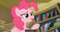 Size: 1600x855 | Tagged: safe, screencap, pinkie pie, g4, the lost treasure of griffonstone, lidded eyes, meme, youtube caption