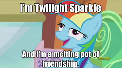 Size: 875x492 | Tagged: safe, edit, edited screencap, screencap, rainbow dash, pegasus, pony, g4, my little pony: friendship is magic, the lost treasure of griffonstone, alternate hairstyle, derp, exploitable meme, faic, female, image macro, manebow sparkle, mare, melting pot of friendship, meme, open mouth, smiling, solo, the man they call ghost, true capitalist radio