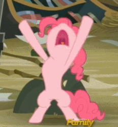 Size: 345x371 | Tagged: safe, screencap, pinkie pie, earth pony, pony, g4, season 5, the lost treasure of griffonstone, animated, animation error, bipedal, female, flailing, gif, mare, nose in the air, solo, volumetric mouth