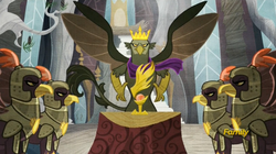 Size: 1911x1072 | Tagged: safe, screencap, king grover, griffon, g4, the lost treasure of griffonstone, crown, crown of grover, griffon guard, history of griffonstone, idol of boreas, jewelry, majestic, regalia, spread wings, wings