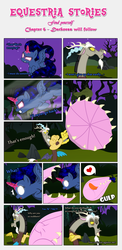 Size: 1919x3929 | Tagged: safe, artist:estories, discord, oc, oc:penumbra, alicorn, draconequus, pony, comic:find yourself, g4, carnivorous plant, comic, crystal, crystal horn, cute, eaten alive, ethereal mane, female, glowing, glowing eyes, head first, horn, male, mare, soft vore, vore