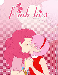 Size: 791x1010 | Tagged: safe, artist:brassyumiru, pinkie pie, human, g4, amy rose, amypie, crossover, crossover shipping, eyes closed, female, holding hands, humanized, kissing, lesbian, sonic the hedgehog (series)