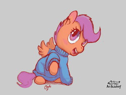 Size: 1024x768 | Tagged: safe, artist:osakaoji, scootaloo, pegasus, pony, g4, blushing, clothes, cute, cutealoo, ear fluff, female, filly, foal, open mouth, raised hoof, signature, simple background, sitting, solo, spread wings, sweater, wings