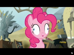 Size: 2048x1536 | Tagged: safe, artist:rainbowdashieis20percentcooler, edit, screencap, pinkie pie, g4, the lost treasure of griffonstone, derp, discovery family, discovery family logo, female, inverted mouth, oh my gosh, smiling, solo, zoned out