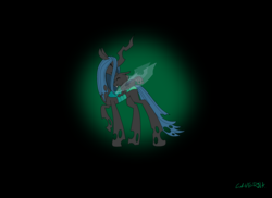 Size: 2338x1700 | Tagged: dead source, safe, artist:cavernthedragon, queen chrysalis, changeling, changeling queen, g4, cute, cutealis, cuteling, duo, eyes closed, female, mommy chrissy, nuzzling, raised hoof, signature, size difference, smiling