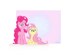 Size: 1414x1000 | Tagged: safe, artist:evedon, fluttershy, pinkie pie, g4, abstract background, duo, full body, happy, looking at you, lying down, prone, smiling, standing