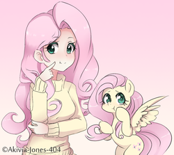 Size: 982x876 | Tagged: dead source, safe, artist:akivia-jones-404, fluttershy, human, pegasus, pony, g4, :t, clothes, cute, female, finger on cheek, hoof on cheek, human ponidox, humanized, shyabetes, solo, sweater, sweatershy