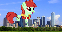 Size: 2131x1116 | Tagged: safe, artist:auskeldeo, candy apples, earth pony, pony, g4, apple family member, building, city, dallas, female, giant pony, giantess, highrise ponies, irl, macro, mare, photo, ponies in real life, texas