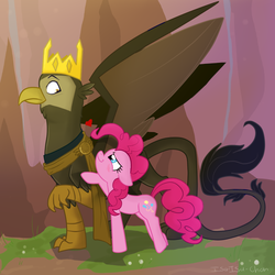 Size: 1000x1000 | Tagged: safe, artist:isa-isa-chan, king grover, pinkie pie, earth pony, griffon, pony, g4, the lost treasure of griffonstone, bedroom eyes, blushing, crown, crown of grover, derail in the comments, female, floppy ears, frown, groverpie, interspecies, jewelry, male, raised hoof, regalia, shipping, smiling, spread wings, straight, this will end in timeline distortion, time paradox, wide eyes