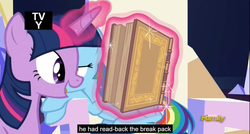 Size: 1600x855 | Tagged: safe, screencap, rainbow dash, twilight sparkle, alicorn, pony, g4, the lost treasure of griffonstone, book, female, mare, meme, twilight sparkle (alicorn), youtube caption