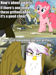 Size: 743x1000 | Tagged: safe, gilda, pinkie pie, griffon, g4, the lost treasure of griffonstone, image macro, meme, self owned