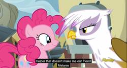 Size: 1600x855 | Tagged: safe, screencap, gilda, pinkie pie, griffon, g4, the lost treasure of griffonstone, melanie, meme, youtube caption