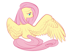 Size: 1280x965 | Tagged: safe, artist:peachiekeenie, fluttershy, pegasus, pony, g4, cute, female, floppy ears, looking down, mare, rear view, shyabetes, simple background, sitting, smiling, solo, spread wings, tumblr, white background