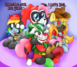 Size: 2055x1802 | Tagged: safe, artist:blackbewhite2k7, braeburn, discord, pinkie pie, rainbow dash, g4, :3, :p, batman, blushing, clothes, cosplay, costume, cute, dc comics, deadshot, doll, female, harley quinn, jokercord, looking at you, male, pinkie quinn, ship:discopie, shipping, sitting, smiling, snuggling, straight, tears of joy, the joker, tongue out, wavy mouth