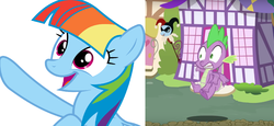 Size: 1366x626 | Tagged: safe, rainbow dash, spike, double rainboom, g4, my little pony: friendship is magic, the lost treasure of griffonstone, alternate hairstyle, exploitable meme, manebow sparkle, meme