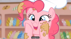 Size: 853x467 | Tagged: safe, screencap, pinkie pie, pony, g4, the lost treasure of griffonstone, chef's hat, hat, meme, solo, youtube caption