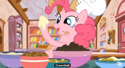 Size: 851x466 | Tagged: safe, screencap, pinkie pie, earth pony, pony, g4, my little pony: friendship is magic, the lost treasure of griffonstone, chef's hat, hat, meme, solo, youtube caption