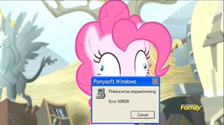 Size: 2048x1148 | Tagged: safe, edit, edited screencap, screencap, pinkie pie, g4, the lost treasure of griffonstone, derp, error, oh my gosh, windows xp, x.exe stopped working, zoned out