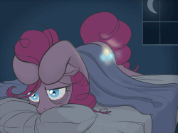 Size: 858x643 | Tagged: safe, artist:arareroll, pinkie pie, earth pony, pony, g4, animated, bags under eyes, bed, bloodshot eyes, booty call, crying, dark, depressed, depression, error, female, floppy ears, glitch, glowing cutie mark, insomnia, mare, mind break, night, oof, prone, solo, that was fast, tired, wide eyes, window