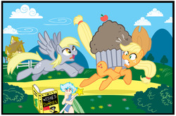 Size: 3232x2137 | Tagged: safe, artist:grimwolf01, applejack, derpy hooves, fairy, pegasus, pixie, pony, g4, clothes, costume, female, food, food costume, for dummies, funny, high res, mare, muffin, muffin costume, transformation