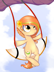 Size: 1506x1998 | Tagged: safe, artist:kas92, oc, oc only, oc:melon sweet, earth pony, pony, braid, flower, flower in hair, paraglider, solo, swing