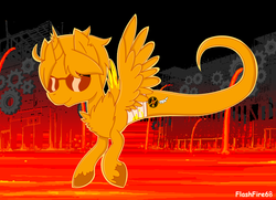 Size: 4000x2896 | Tagged: safe, artist:flashfire68, alicorn, pony, bandage, bleeding, blood, broken horn, crossover, dave strider, davesprite, flying, gears, homestuck, horn, land of heat and clockwork, ponified, severed limb, severed wing, sprite (homestuck), sunglasses